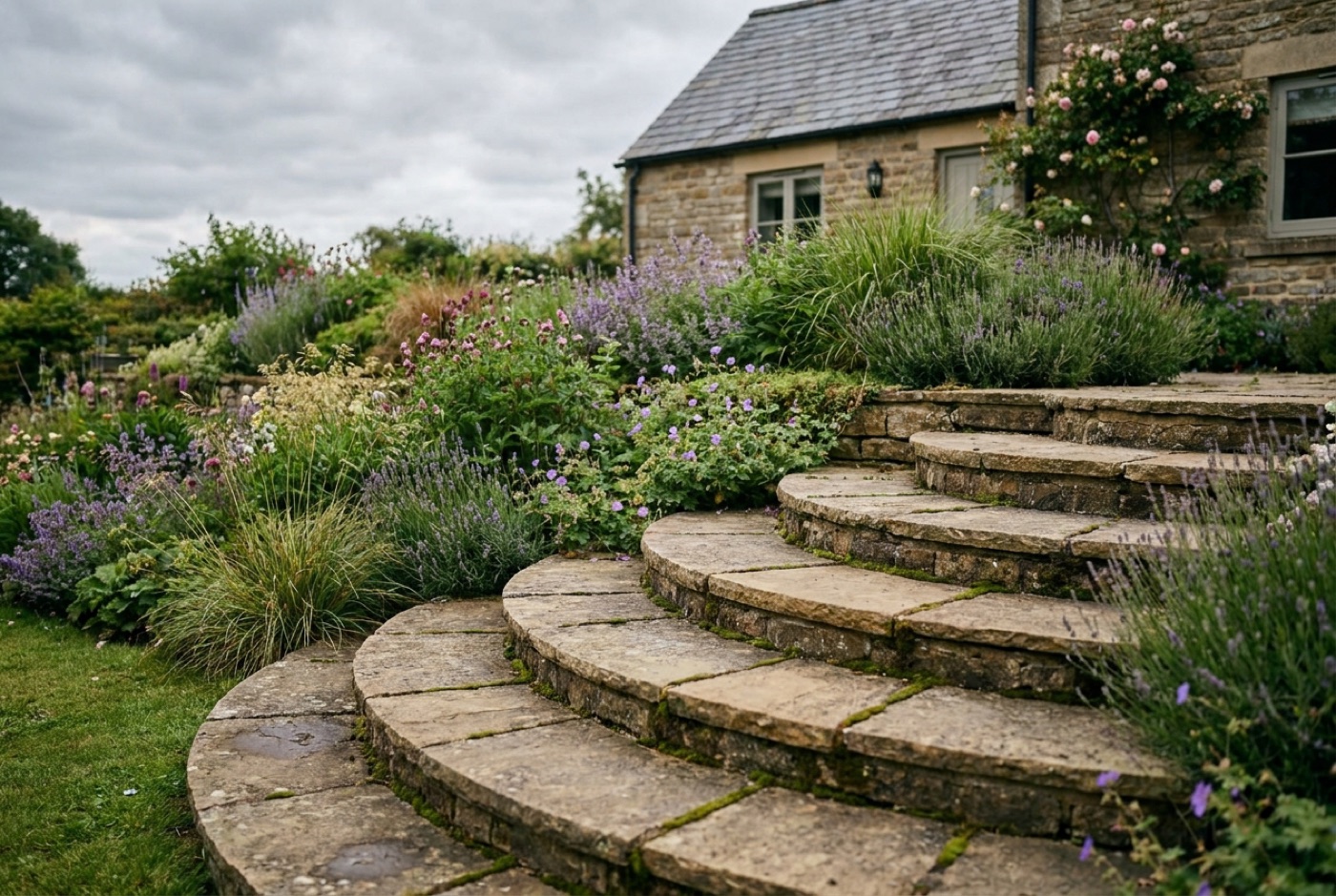 Curved natural stone garden steps