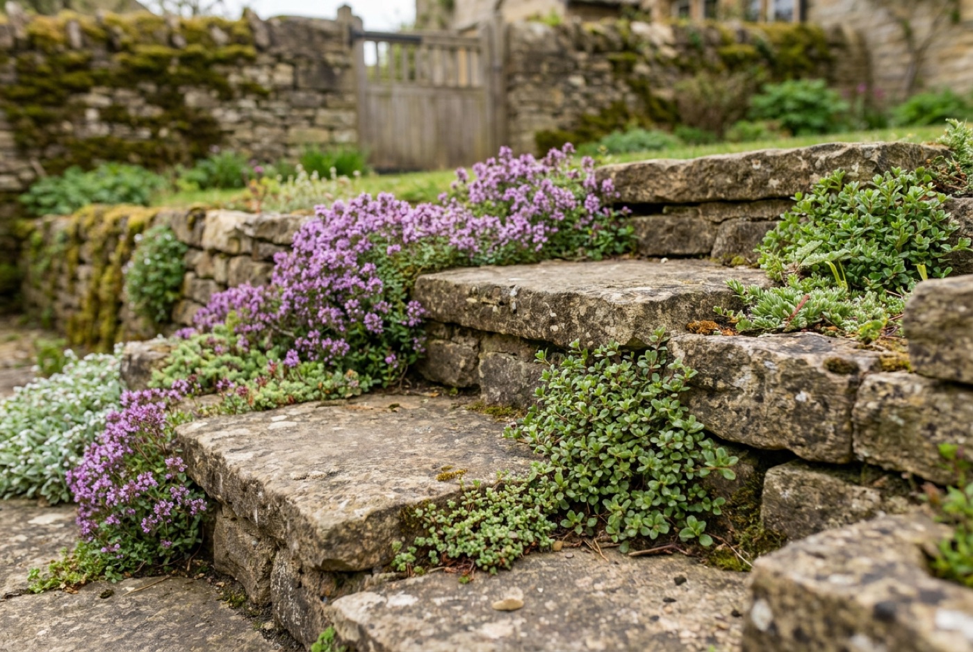 Stone steps planted with alpines and thyme