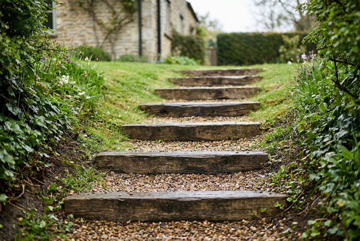 Railway sleeper garden steps