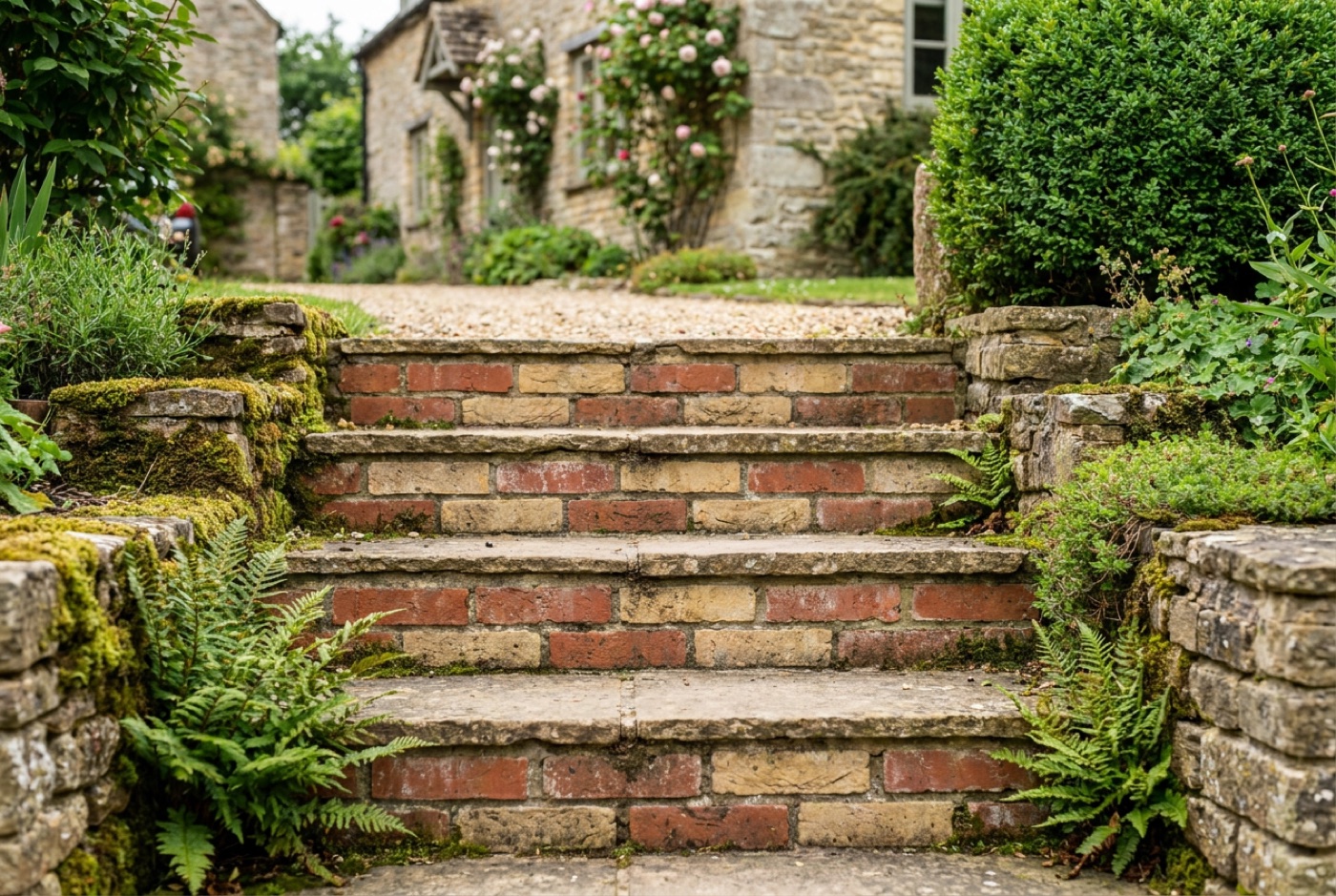 A short flight of brick garden steps with stone tread edges bordered by planting