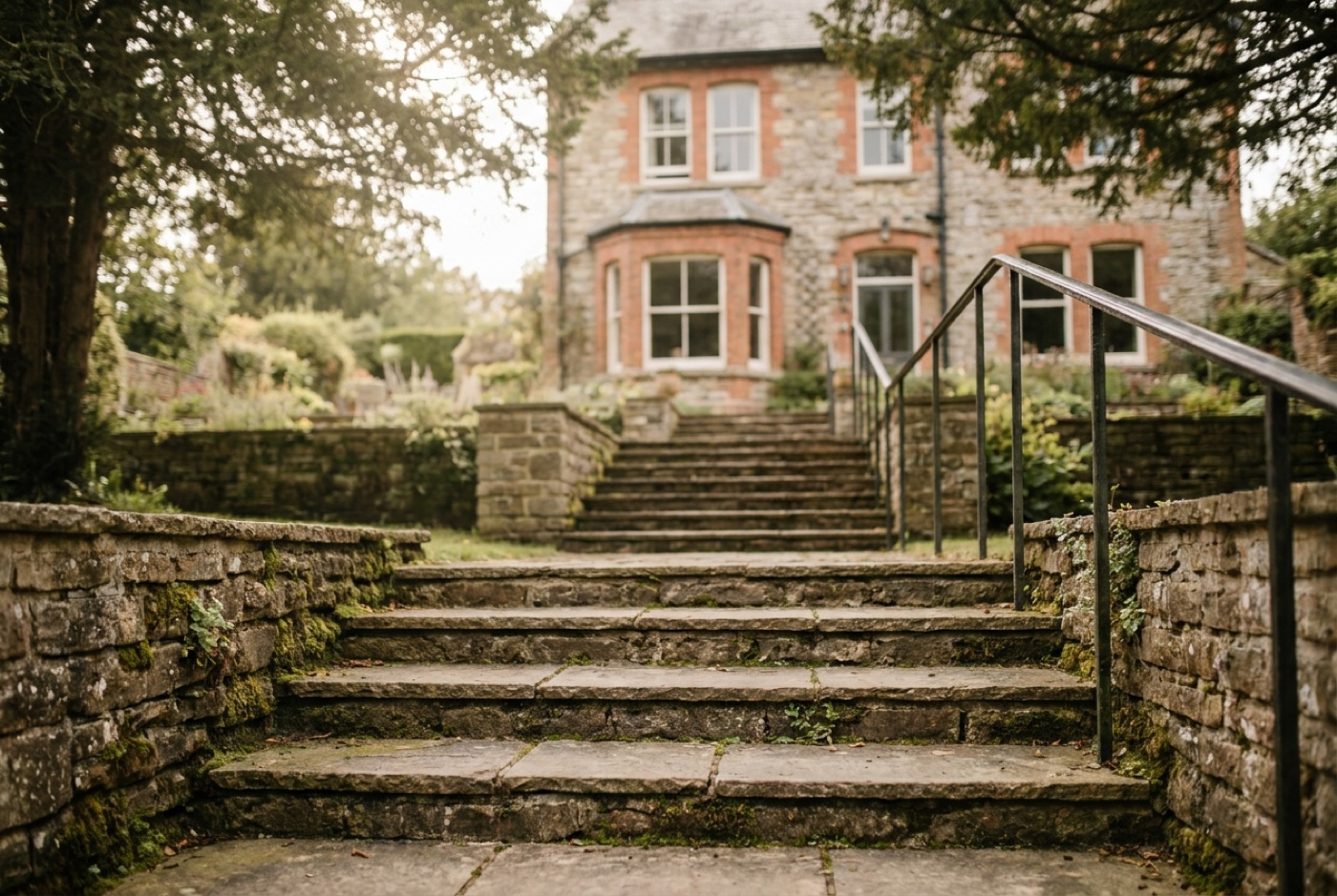 A flight of natural stone garden steps with a handrail rising through a landscaped bank