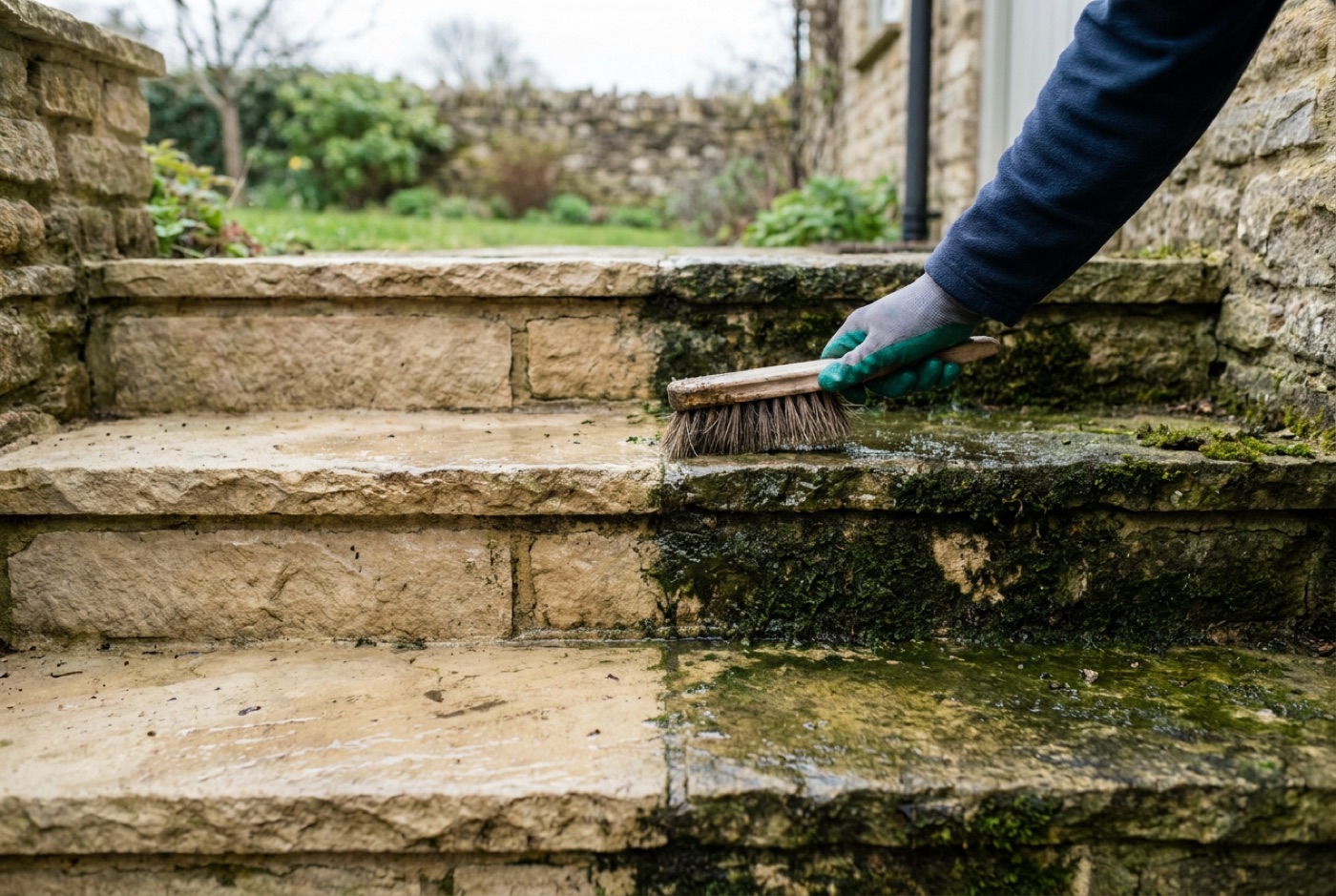 A stone patio and steps thick with green moss and algae in the joints, half of it scrubbed back to clean stone
