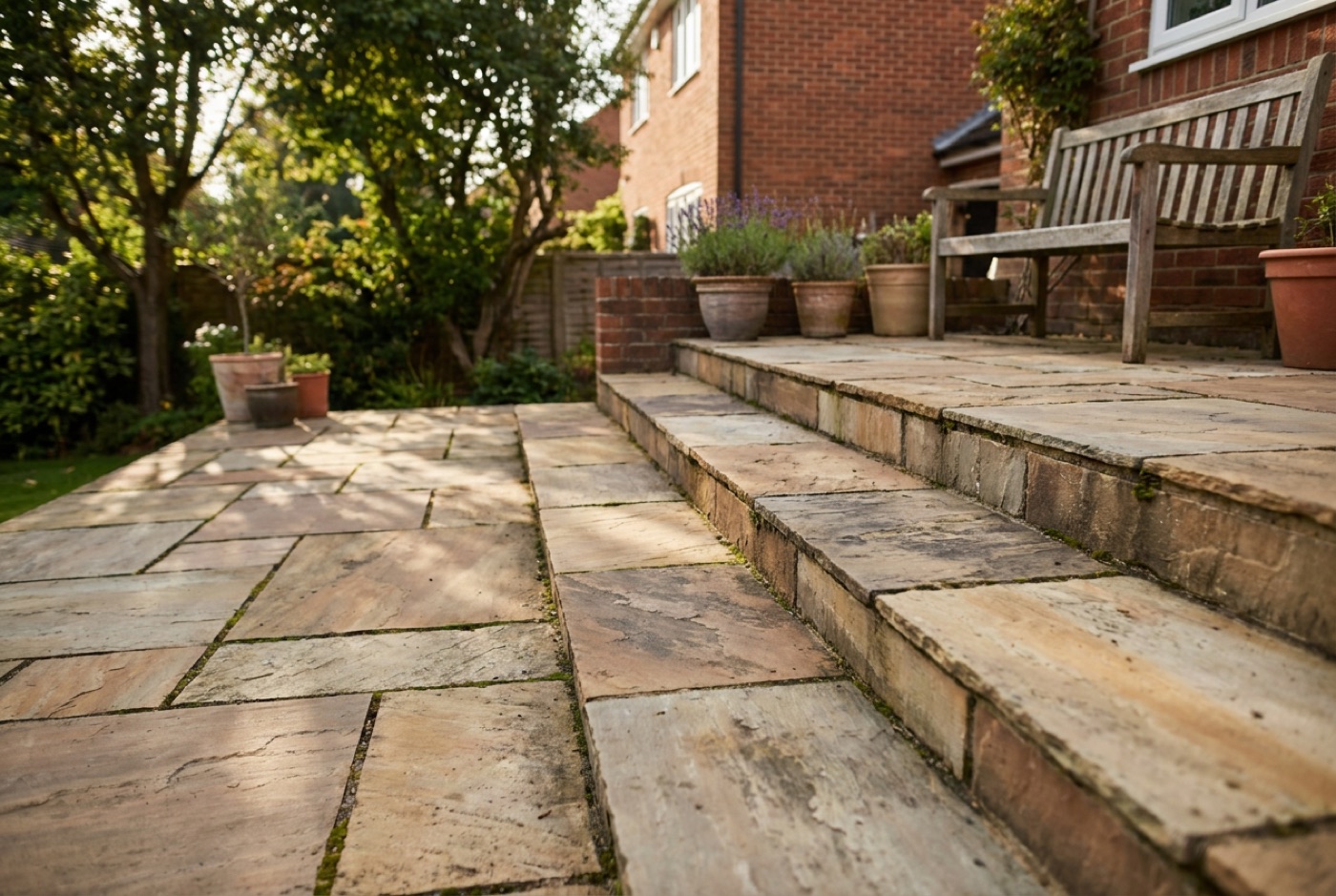 Warm multi-toned riven Indian sandstone steps and paving leading up to a garden patio